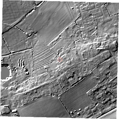 Shaded relief map of the ground around LN35UE, computed from Environment Agency LiDAR. The ground here sits at about 11 m above sea level and falls 14 m across the surrounding 800 m. Surface water reaching this point runs off ground lying to the east-south-east, 2.0 m higher.