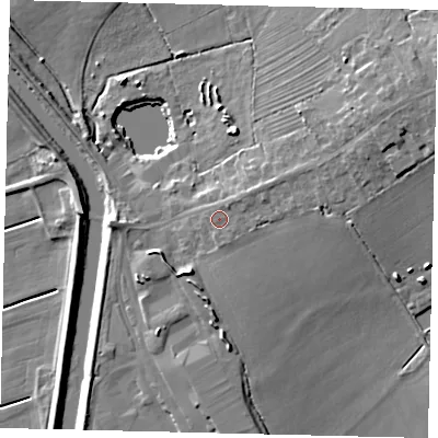 Shaded relief map of the ground around LN35UF, computed from Environment Agency LiDAR. The ground here sits at about 7 m above sea level and falls 14 m across the surrounding 800 m. Surface water reaching this point runs off ground lying to the north-east, 1.1 m higher.