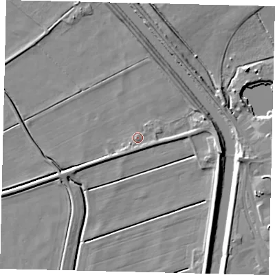 Shaded relief map of the ground around LN35UL, computed from Environment Agency LiDAR. The ground here sits at about 2 m above sea level and falls 8 m across the surrounding 800 m. Surface water reaching this point runs off ground lying to the east-south-east, 1.5 m higher.