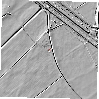 Shaded relief map of the ground around LN35UN, computed from Environment Agency LiDAR. The ground here sits at about 1 m above sea level and falls 8 m across the surrounding 800 m. Surface water reaching this point runs off ground lying to the north, 4.1 m higher.
