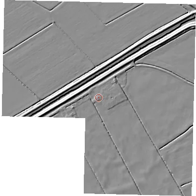 Shaded relief map of the ground around LN35UP, computed from Environment Agency LiDAR. The ground here sits at about 2 m above sea level and falls 6 m across the surrounding 800 m. Surface water reaching this point runs off ground lying to the north-east, 1.8 m higher.