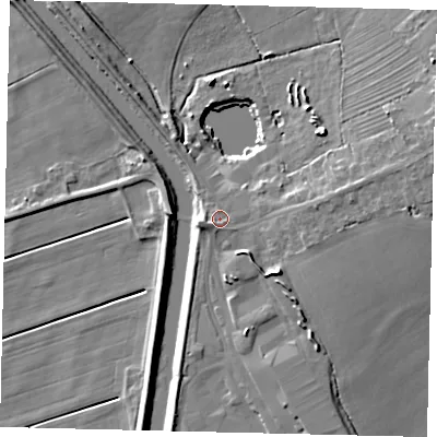 Shaded relief map of the ground around LN35UQ, computed from Environment Agency LiDAR. The ground here sits at about 5 m above sea level and falls 11 m across the surrounding 800 m. Surface water reaching this point runs off ground lying to the west-south-west, 2.9 m higher.