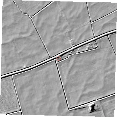 Shaded relief map of the ground around LN35UR, computed from Environment Agency LiDAR. The ground here sits at about 1 m above sea level and falls 7 m across the surrounding 800 m. Surface water reaching this point runs off ground lying to the west-south-west, 2.8 m higher.