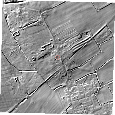 Shaded relief map of the ground around LN35XD, computed from Environment Agency LiDAR. The ground here sits at about 8 m above sea level and falls 7 m across the surrounding 800 m. Surface water reaching this point runs off ground lying to the north-north-east, 0.8 m higher.