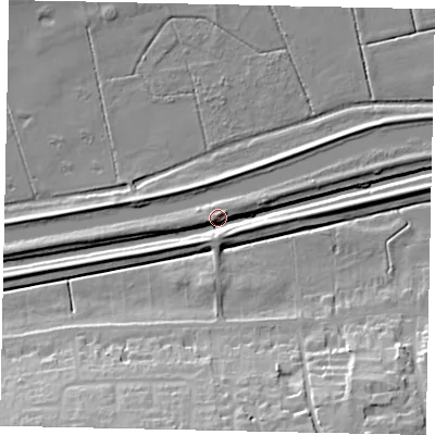 Shaded relief map of the ground around LN41AA, computed from Environment Agency LiDAR. The ground here sits at about 5 m above sea level and falls 21 m across the surrounding 800 m. Surface water reaching this point runs off ground lying to the north-west, 5.8 m higher.