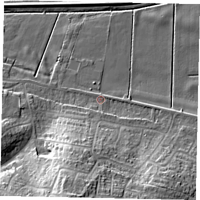 Shaded relief map of the ground around LN41AB, computed from Environment Agency LiDAR. The ground here sits at about 5 m above sea level and falls 29 m across the surrounding 800 m. Surface water reaching this point runs off ground lying to the south-south-west, 24.9 m higher.