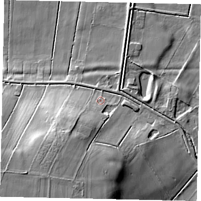 Shaded relief map of the ground around LN41AE, computed from Environment Agency LiDAR. The ground here sits at about 7 m above sea level and falls 21 m across the surrounding 800 m. Surface water reaching this point runs off ground lying to the south-west, 16.7 m higher.