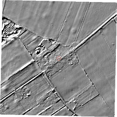 Shaded relief map of the ground around LN41AF, computed from Environment Agency LiDAR. The ground here sits at about 4 m above sea level and falls 6 m across the surrounding 800 m. Surface water reaching this point runs off ground lying to the south-south-west, 0.6 m higher.