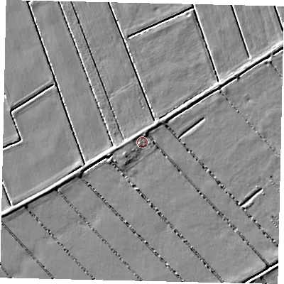 Shaded relief map of the ground around LN41AJ, computed from Environment Agency LiDAR. The ground here sits at about 2 m above sea level and falls 3 m across the surrounding 800 m. Surface water reaching this point runs off ground lying to the west-north-west, 1.2 m higher.