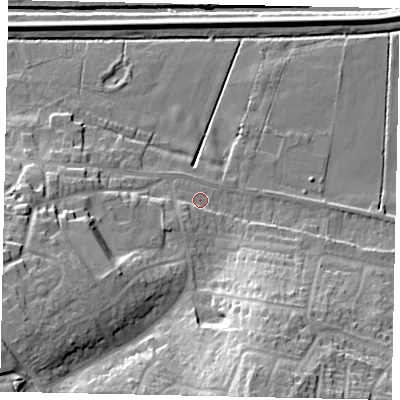 Shaded relief map of the ground around LN41AL, computed from Environment Agency LiDAR. The ground here sits at about 5 m above sea level and falls 28 m across the surrounding 800 m. Surface water reaching this point runs off ground lying to the south-west, 3.1 m higher.