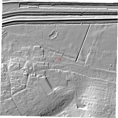 Shaded relief map of the ground around LN41AS, computed from Environment Agency LiDAR. The ground here sits at about 5 m above sea level and falls 25 m across the surrounding 800 m. Surface water reaching this point runs off ground lying to the west-south-west, 5.7 m higher.