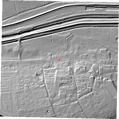 Shaded relief map of the ground around LN41AT, computed from Environment Agency LiDAR. The ground here sits at about 6 m above sea level and falls 29 m across the surrounding 800 m. Surface water reaching this point runs off ground lying to the south-south-west, 21.4 m higher.
