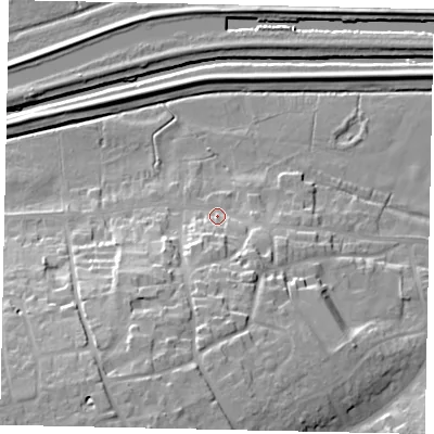Shaded relief map of the ground around LN41AU, computed from Environment Agency LiDAR. The ground here sits at about 7 m above sea level and falls 27 m across the surrounding 800 m. Surface water reaching this point runs off ground lying to the south, 7.7 m higher.
