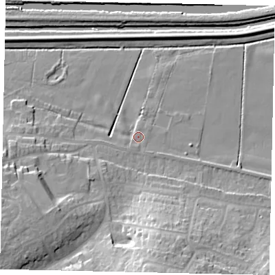 Shaded relief map of the ground around LN41AW, computed from Environment Agency LiDAR. The ground here sits at about 4 m above sea level and falls 25 m across the surrounding 800 m. Surface water reaching this point runs off ground lying to the south, 21.7 m higher.