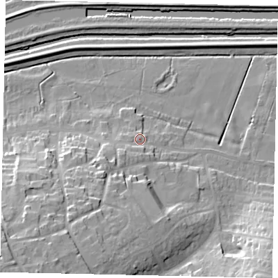 Shaded relief map of the ground around LN41AY, computed from Environment Agency LiDAR. The ground here sits at about 8 m above sea level and falls 26 m across the surrounding 800 m. Surface water reaching this point runs off ground lying to the south-west, 4.8 m higher.