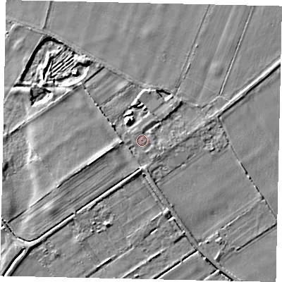 Shaded relief map of the ground around LN41BF, computed from Environment Agency LiDAR. The ground here sits at about 4 m above sea level and falls 5 m across the surrounding 800 m. Surface water reaching this point runs off ground lying to the south-west, 1.1 m higher.