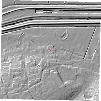 Shaded relief map of the ground around LN41BZ, computed from Environment Agency LiDAR. The ground here sits at about 5 m above sea level and falls 25 m across the surrounding 800 m. Surface water reaching this point runs off ground lying to the south, 6.2 m higher.