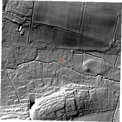 Shaded relief map of the ground around LN41GE, computed from Environment Agency LiDAR. The ground here sits at about 10 m above sea level and falls 22 m across the surrounding 800 m. Surface water reaching this point runs off ground lying to the north-north-west, 19.8 m higher.