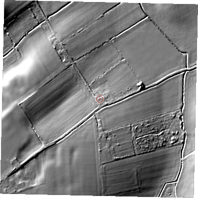 Shaded relief map of the ground around LN41JD, computed from Environment Agency LiDAR. The ground here sits at about 12 m above sea level and falls 15 m across the surrounding 800 m. Surface water reaching this point runs off ground lying to the south-south-west, 3.0 m higher.
