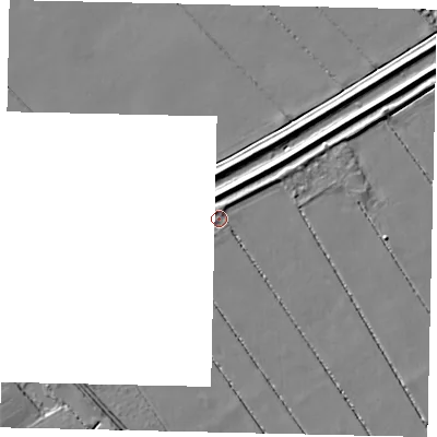 Shaded relief map of the ground around LN41JF, computed from Environment Agency LiDAR. The ground here sits at about 2 m above sea level and falls 8 m across the surrounding 800 m. Surface water reaching this point runs off ground lying to the north, 1.2 m higher.