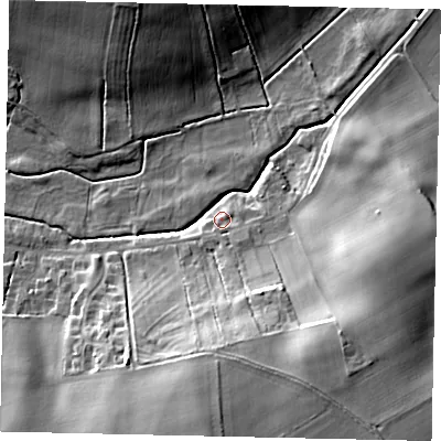 Shaded relief map of the ground around LN41JH, computed from Environment Agency LiDAR. The ground here sits at about 9 m above sea level and falls 20 m across the surrounding 800 m. Surface water reaching this point runs off ground lying to the south, 17.9 m higher.