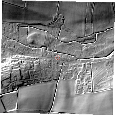 Shaded relief map of the ground around LN41JL, computed from Environment Agency LiDAR. The ground here sits at about 10 m above sea level and falls 20 m across the surrounding 800 m. Surface water reaching this point runs off ground lying to the west-south-west, 8.8 m higher.