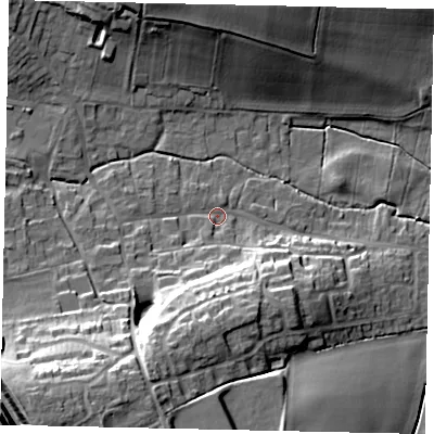 Shaded relief map of the ground around LN41JS, computed from Environment Agency LiDAR. The ground here sits at about 11 m above sea level and falls 27 m across the surrounding 800 m. Surface water reaching this point runs off ground lying to the south-south-west, 20.2 m higher.
