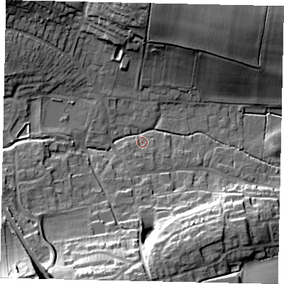 Shaded relief map of the ground around LN41JU, computed from Environment Agency LiDAR. The ground here sits at about 11 m above sea level and falls 24 m across the surrounding 800 m. Surface water reaching this point runs off ground lying to the south-south-west, 20.9 m higher.