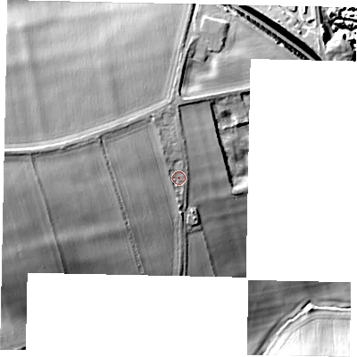 Shaded relief map of the ground around LN41JY, computed from Environment Agency LiDAR. The ground here sits at about 29 m above sea level and falls 20 m across the surrounding 800 m. Surface water reaching this point runs off ground lying to the north-north-west, 1.7 m higher.