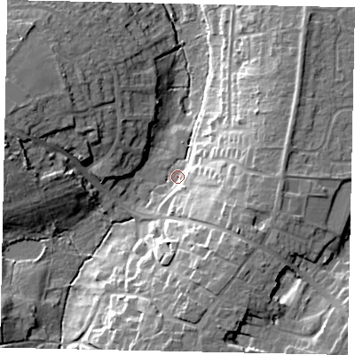Shaded relief map of the ground around LN41LB, computed from Environment Agency LiDAR. The ground here sits at about 31 m above sea level and falls 18 m across the surrounding 800 m. Surface water reaching this point runs off ground lying to the south-east, 13.7 m higher.