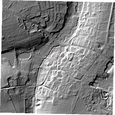 Shaded relief map of the ground around LN41NA, computed from Environment Agency LiDAR. The ground here sits at about 35 m above sea level and falls 18 m across the surrounding 800 m. Surface water reaching this point runs off ground lying to the south-east, 8.8 m higher.