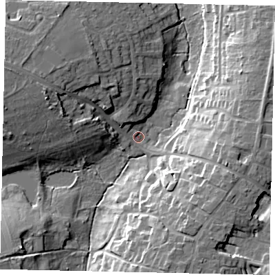 Shaded relief map of the ground around LN41PB, computed from Environment Agency LiDAR. The ground here sits at about 31 m above sea level and falls 18 m across the surrounding 800 m. Surface water reaching this point runs off ground lying to the west-north-west, 12.6 m higher.