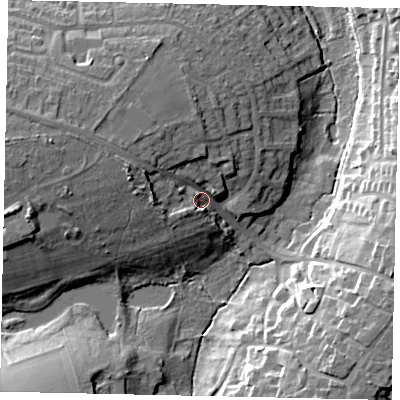 Shaded relief map of the ground around LN41PE, computed from Environment Agency LiDAR. The ground here sits at about 37 m above sea level and falls 19 m across the surrounding 800 m. Surface water reaching this point runs off ground lying to the west-north-west, 8.8 m higher.