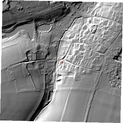 Shaded relief map of the ground around LN41PZ, computed from Environment Agency LiDAR. The ground here sits at about 36 m above sea level and falls 18 m across the surrounding 800 m. Surface water reaching this point runs off ground lying to the east, 11.7 m higher.