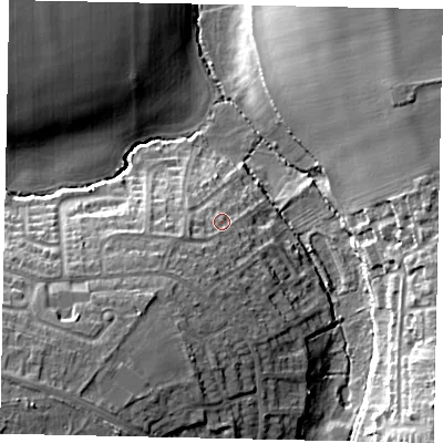 Shaded relief map of the ground around LN41QE, computed from Environment Agency LiDAR. The ground here sits at about 33 m above sea level and falls 24 m across the surrounding 800 m. Surface water reaching this point runs off ground lying to the south-west, 6.2 m higher.