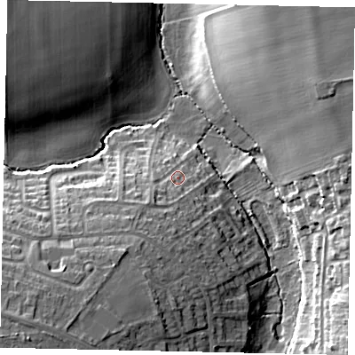 Shaded relief map of the ground around LN41QF, computed from Environment Agency LiDAR. The ground here sits at about 32 m above sea level and falls 24 m across the surrounding 800 m. Surface water reaching this point runs off ground lying to the south-west, 14.8 m higher.