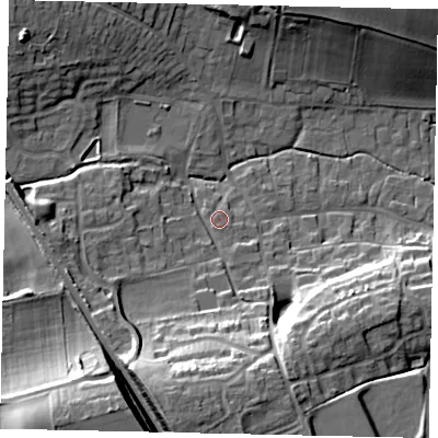 Shaded relief map of the ground around LN41QL, computed from Environment Agency LiDAR. The ground here sits at about 13 m above sea level and falls 26 m across the surrounding 800 m. Surface water reaching this point runs off ground lying to the south, 1.1 m higher.