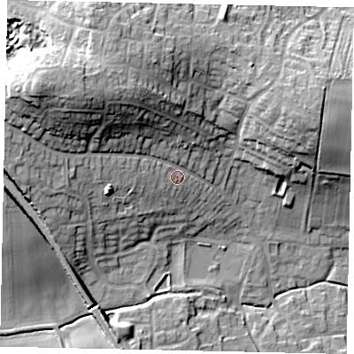 Shaded relief map of the ground around LN41QW, computed from Environment Agency LiDAR. The ground here sits at about 18 m above sea level and falls 26 m across the surrounding 800 m. Surface water reaching this point runs off ground lying to the north-west, 16.7 m higher.