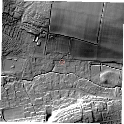 Shaded relief map of the ground around LN41RF, computed from Environment Agency LiDAR. The ground here sits at about 10 m above sea level and falls 22 m across the surrounding 800 m. Surface water reaching this point runs off ground lying to the north-north-west, 18.8 m higher.