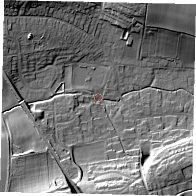 Shaded relief map of the ground around LN41RQ, computed from Environment Agency LiDAR. The ground here sits at about 12 m above sea level and falls 23 m across the surrounding 800 m. Surface water reaching this point runs off ground lying to the west-south-west, 9.9 m higher.
