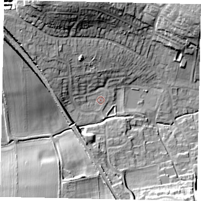 Shaded relief map of the ground around LN41TW, computed from Environment Agency LiDAR. The ground here sits at about 15 m above sea level and falls 26 m across the surrounding 800 m. Surface water reaching this point runs off ground lying to the west-north-west, 2.9 m higher.