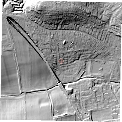 Shaded relief map of the ground around LN41TY, computed from Environment Agency LiDAR. The ground here sits at about 17 m above sea level and falls 25 m across the surrounding 800 m. Surface water reaching this point runs off ground lying to the north-west, 10.1 m higher.