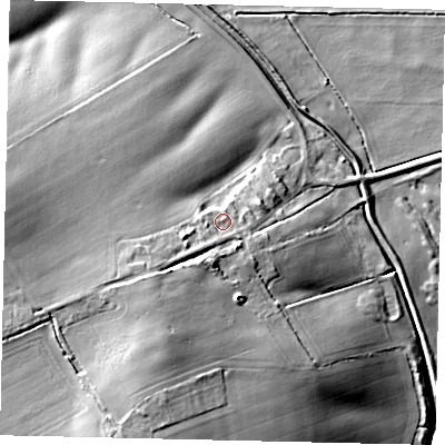Shaded relief map of the ground around LN42AU, computed from Environment Agency LiDAR. The ground here sits at about 17 m above sea level and falls 26 m across the surrounding 800 m. Surface water reaching this point runs off ground lying to the south-west, 4.3 m higher.