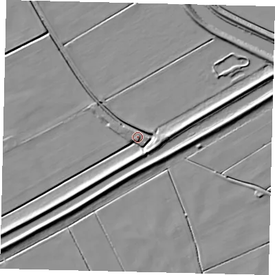 Shaded relief map of the ground around LN42AX, computed from Environment Agency LiDAR. The ground here sits at about 3 m above sea level and falls 6 m across the surrounding 800 m. Surface water reaching this point runs off ground lying to the east-south-east, 5.7 m higher.