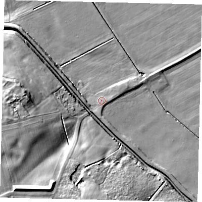 Shaded relief map of the ground around LN42AY, computed from Environment Agency LiDAR. The ground here sits at about 4 m above sea level and falls 21 m across the surrounding 800 m. Surface water reaching this point runs off ground lying to the west, 2.4 m higher.