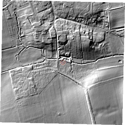 Shaded relief map of the ground around LN42DN, computed from Environment Agency LiDAR. The ground here sits at about 12 m above sea level and falls 12 m across the surrounding 800 m. Surface water reaching this point runs off ground lying to the north, 1.5 m higher.