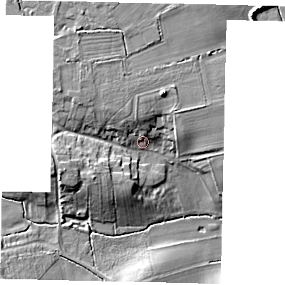 Shaded relief map of the ground around LN42DU, computed from Environment Agency LiDAR. The ground here sits at about 15 m above sea level and falls 13 m across the surrounding 800 m. Surface water reaching this point runs off ground lying to the north, 6.5 m higher.