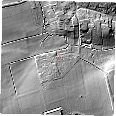 Shaded relief map of the ground around LN42EB, computed from Environment Agency LiDAR. The ground here sits at about 16 m above sea level and falls 11 m across the surrounding 800 m. Surface water reaching this point runs off ground lying to the south-south-west, 4.4 m higher.