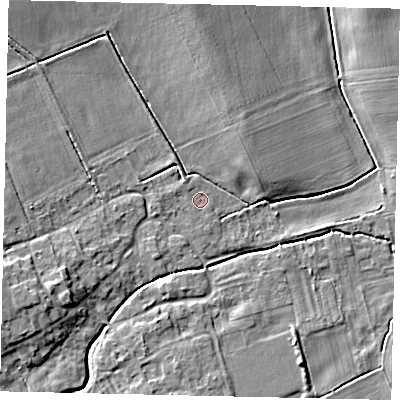 Shaded relief map of the ground around LN42ER, computed from Environment Agency LiDAR. The ground here sits at about 13 m above sea level and falls 9 m across the surrounding 800 m. Surface water reaching this point runs off ground lying to the west-north-west, 0.8 m higher.