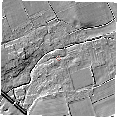 Shaded relief map of the ground around LN42ES, computed from Environment Agency LiDAR. The ground here sits at about 13 m above sea level and falls 12 m across the surrounding 800 m. Surface water reaching this point runs off ground lying to the south, 2.4 m higher.